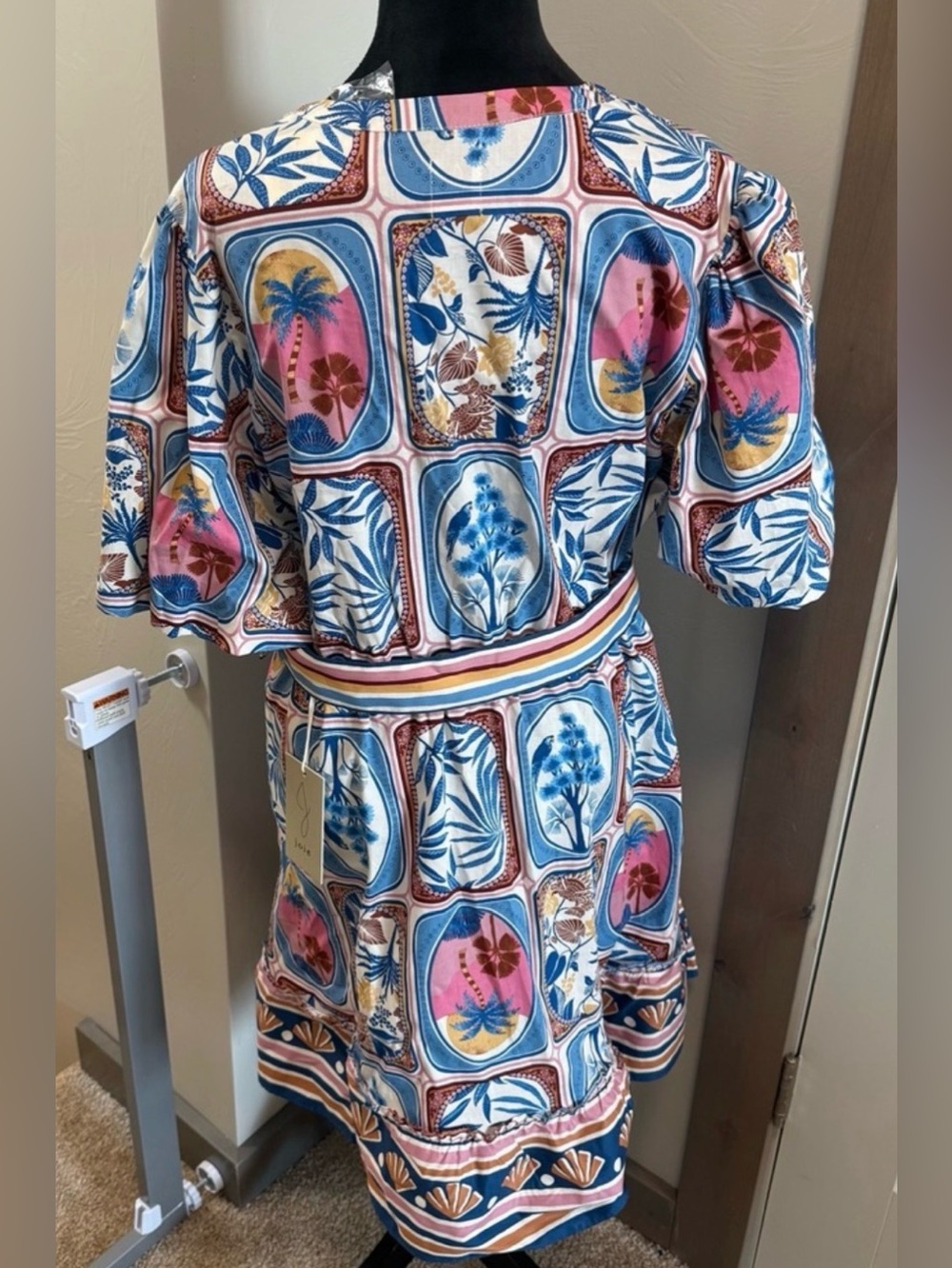 NWT Joie Burton Down Belted Puff Sleeve Printed Mini Dress - Picture 5 of 14